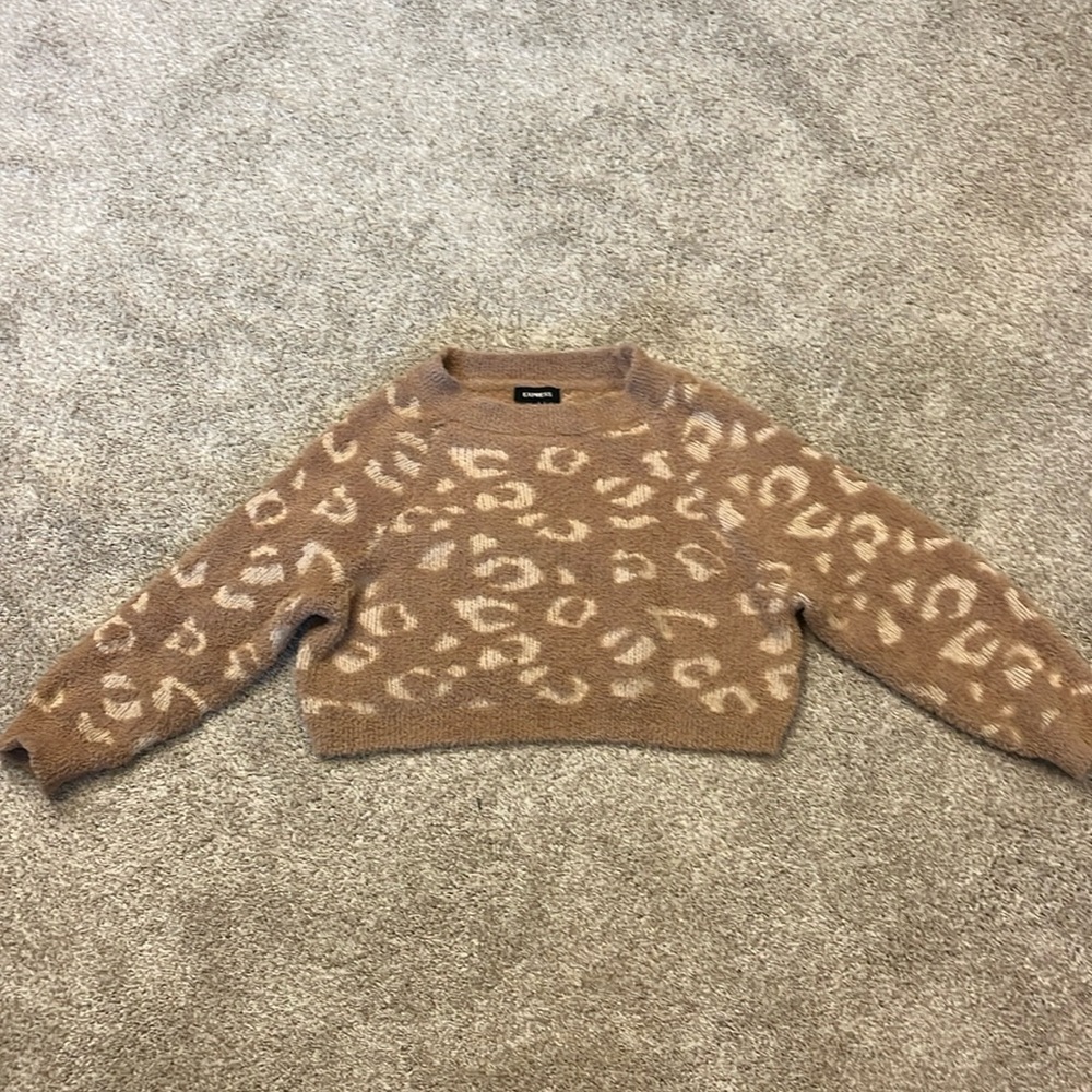 Cropped fuzzy leopard print sweater